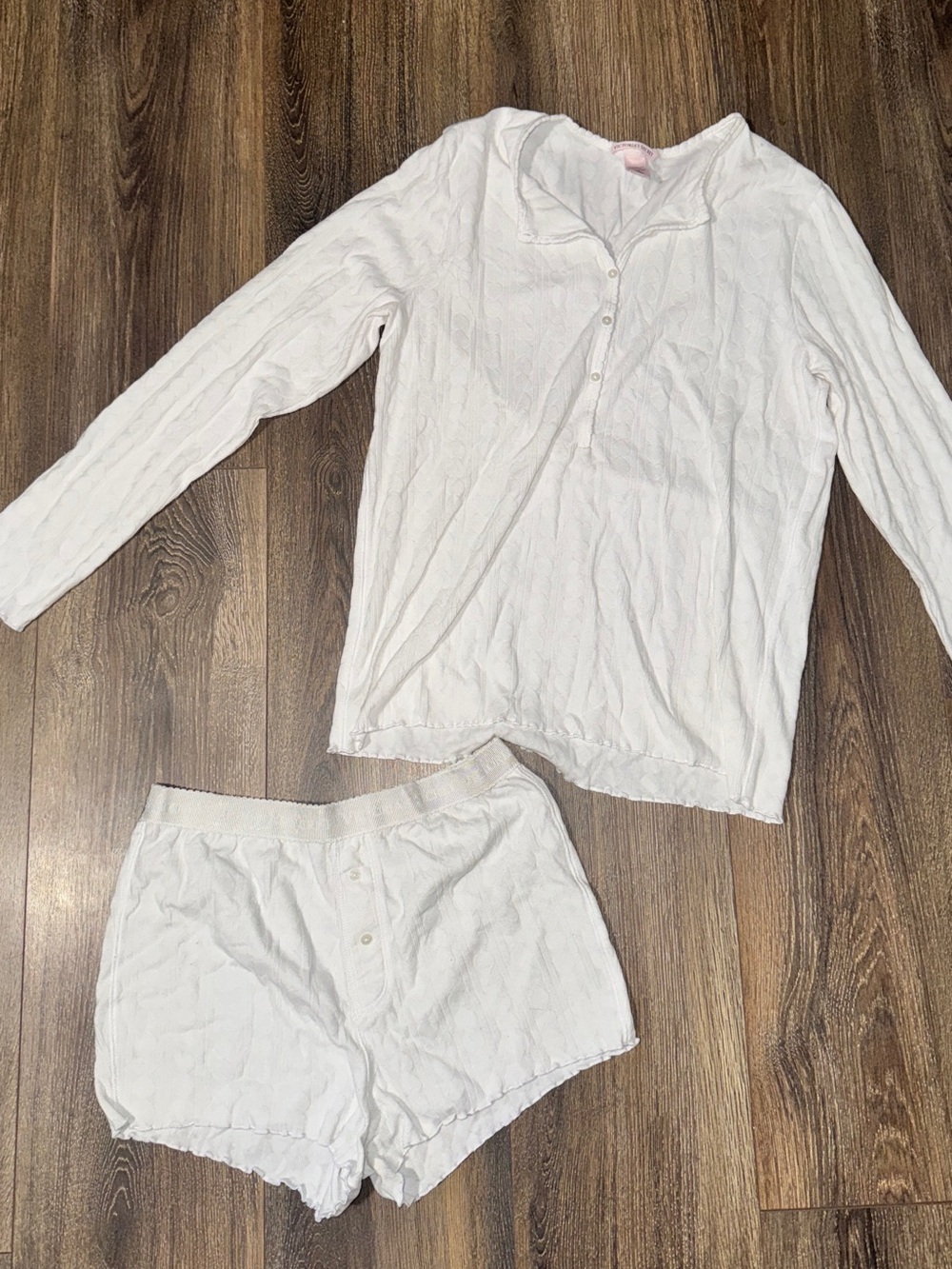 Victoria's Secret White Long-Sleeve Henley Top & Shorts Pajama Set